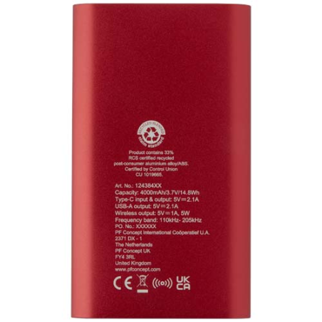 Batterie de secours personnalisé sans fil en aluminium recyclé Juice type-C de 4 000 mAh