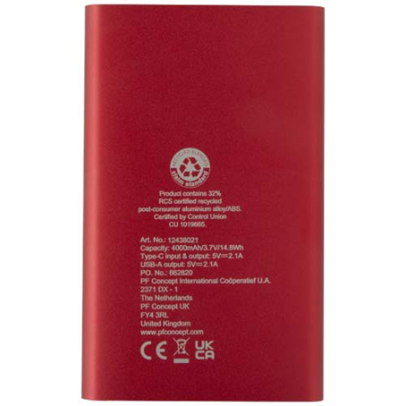 Batterie de secours publicitaire en aluminium Pep de type-C de 4 000 mAh