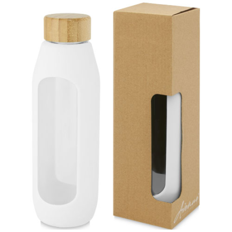 Gourde personnalisée Tidan de 600 ml en verre borosilicate avec grip en silicone