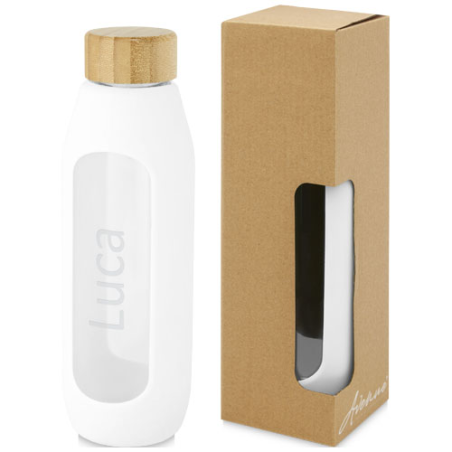 Gourde personnalisée Tidan de 600 ml en verre borosilicate avec grip en silicone