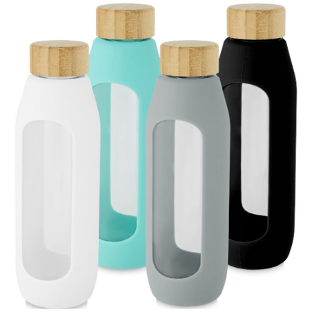 Gourde personnalisée Tidan de 600 ml en verre borosilicate avec grip en silicone