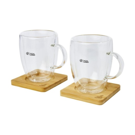 Set de 2 tasses isothermes Manti de 350 ml avec sous-verre en bambou