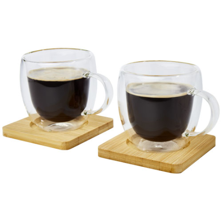 Set de 2 tasses en verre isotherme de 250 ml avec sous-verre en bambou