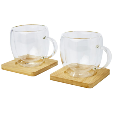 Set de 2 tasses en verre isotherme de 250 ml avec sous-verre en bambou