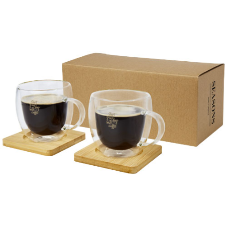 Set de 2 tasses en verre isotherme de 250 ml avec sous-verre en bambou