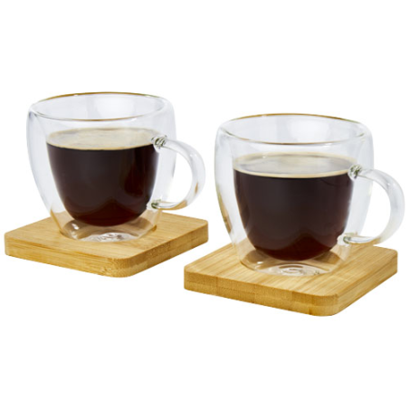 Set de 2 tasses à café personnalisable à double paroi de 100 ml avec sous-verre en bambou