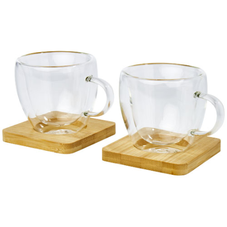 Set de 2 tasses à café personnalisable à double paroi de 100 ml avec sous-verre en bambou