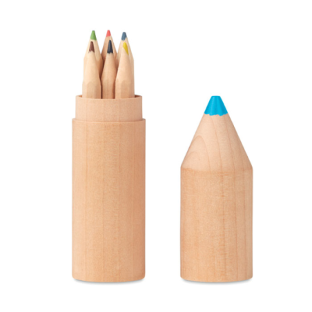 Étui publicitaire en bois avec 6 crayons de couleurs