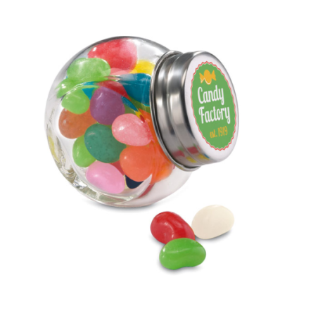 Petit bocal publicitaire en verre avec 40g de bonbons multicolores - BEANDY