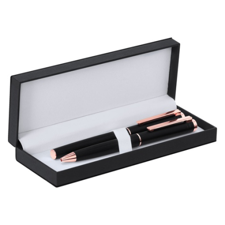 Parure personnalisable stylo bille et roller en aluminium noir mat et rose gold - Encre bleue