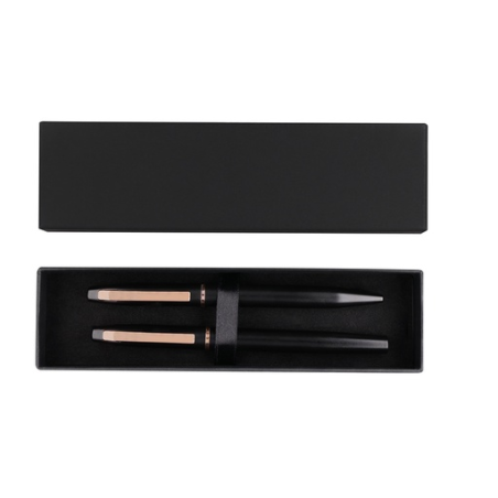 Coffret personnalisable stylo bille et roller en aluminium recyclé noir et rose gold - Encre bleue