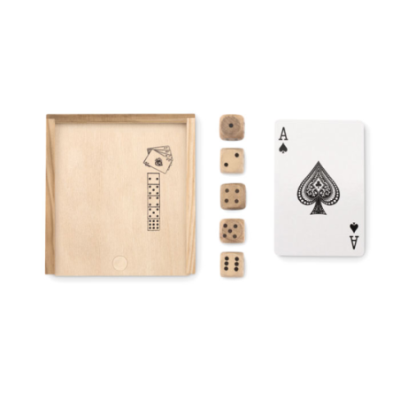 Set de jeu en bois personnalisable avec 5 dès et un jeu de 54 cartes