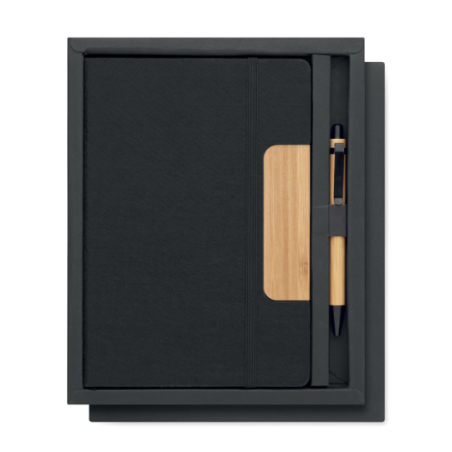 Coffret personnalisable avec un carnet A5 RPET et son stylo en bambou NOTEMIX