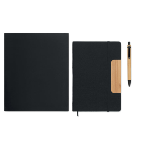 Coffret personnalisable avec un carnet A5 RPET et son stylo en bambou NOTEMIX