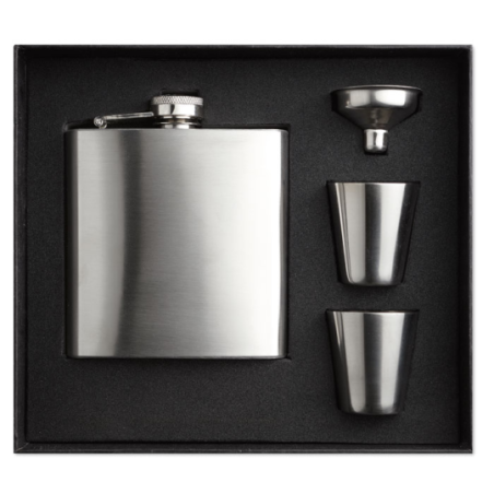 Flasque personnalisable en inox satiné 175 ml avec 2 tasses dans un coffret cadeau