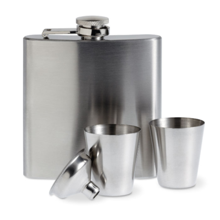 Flasque personnalisable en inox satiné 175 ml avec 2 tasses dans un coffret cadeau