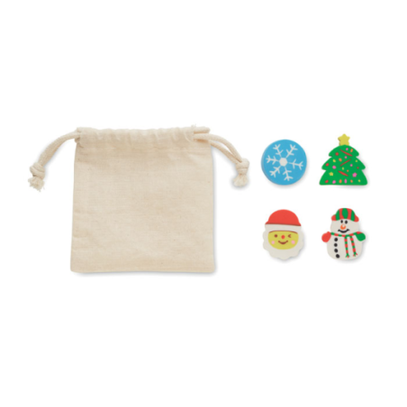 Set personnalisé de 4 gommes de Noël avec sac en coton