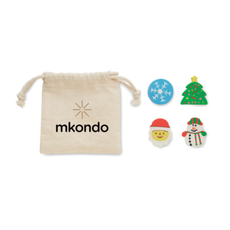 Set personnalisé de 4 gommes de Noël avec sac en coton