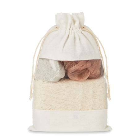 Set de bain personnalisé dans une pochette en jute avec fenêtre PEVA