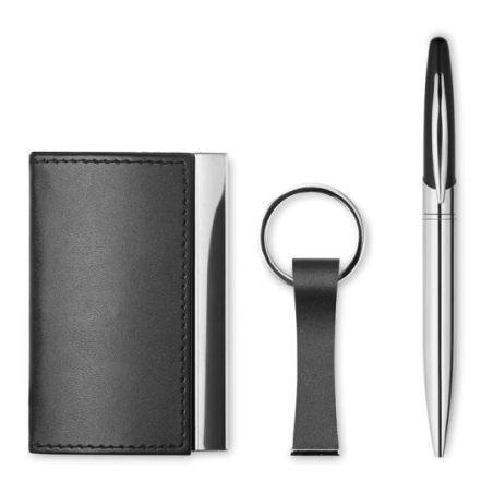 Set personnalisable avec un stylo bille twist en métal, un porte-clés et un porte-cartes en alliage de zinc et PU