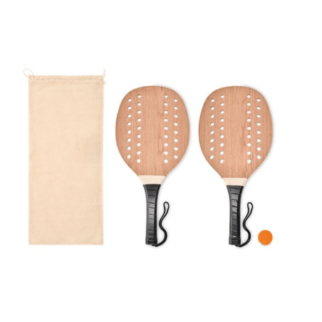 Set publicitaire de raquettes de tennis pour la plage en bois de rose avec grip en PU et balle souple dans une pochette en coton