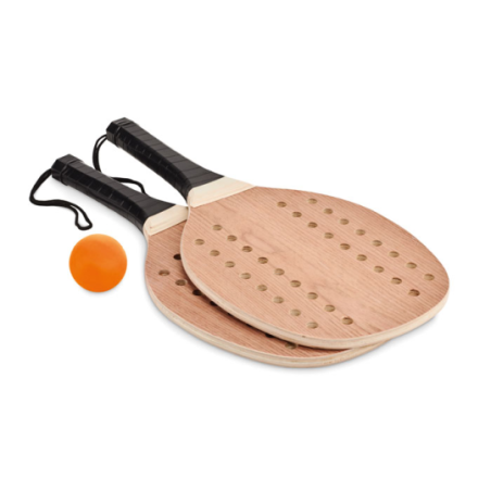 Set publicitaire de raquettes de tennis pour la plage en bois de rose avec grip en PU et balle souple dans une pochette en coton