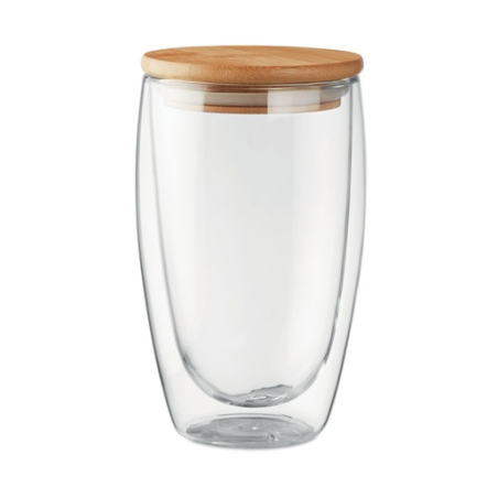 Mug publicitaire en verre double paroi avec couvercle en bambou 450 ml