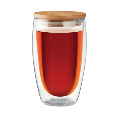 Mug publicitaire en verre double paroi avec couvercle en bambou 450 ml