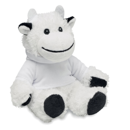 Peluche publicitaire vache avec pull à capuche en PET