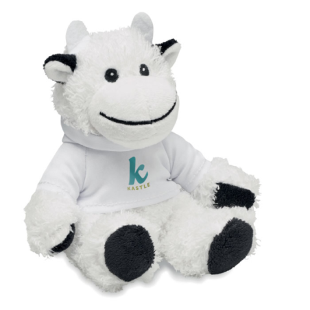 Peluche publicitaire vache avec pull à capuche en PET