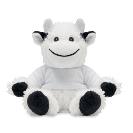 Peluche publicitaire vache avec pull à capuche en PET