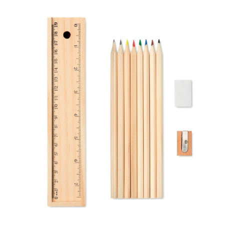 Set personnalisable avec 12 crayons gomme et règle avec étui en bois